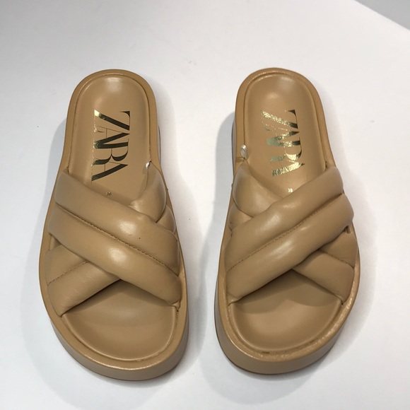 Zara nude quilted leather platform padded slides